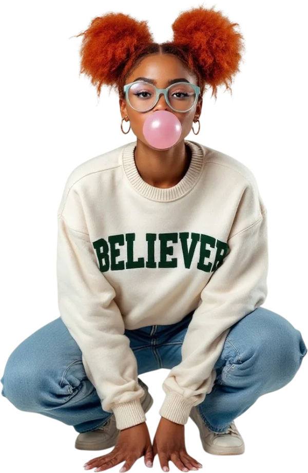 Model in a cream BELIEVER sweatshirt blowing a pink bubble
